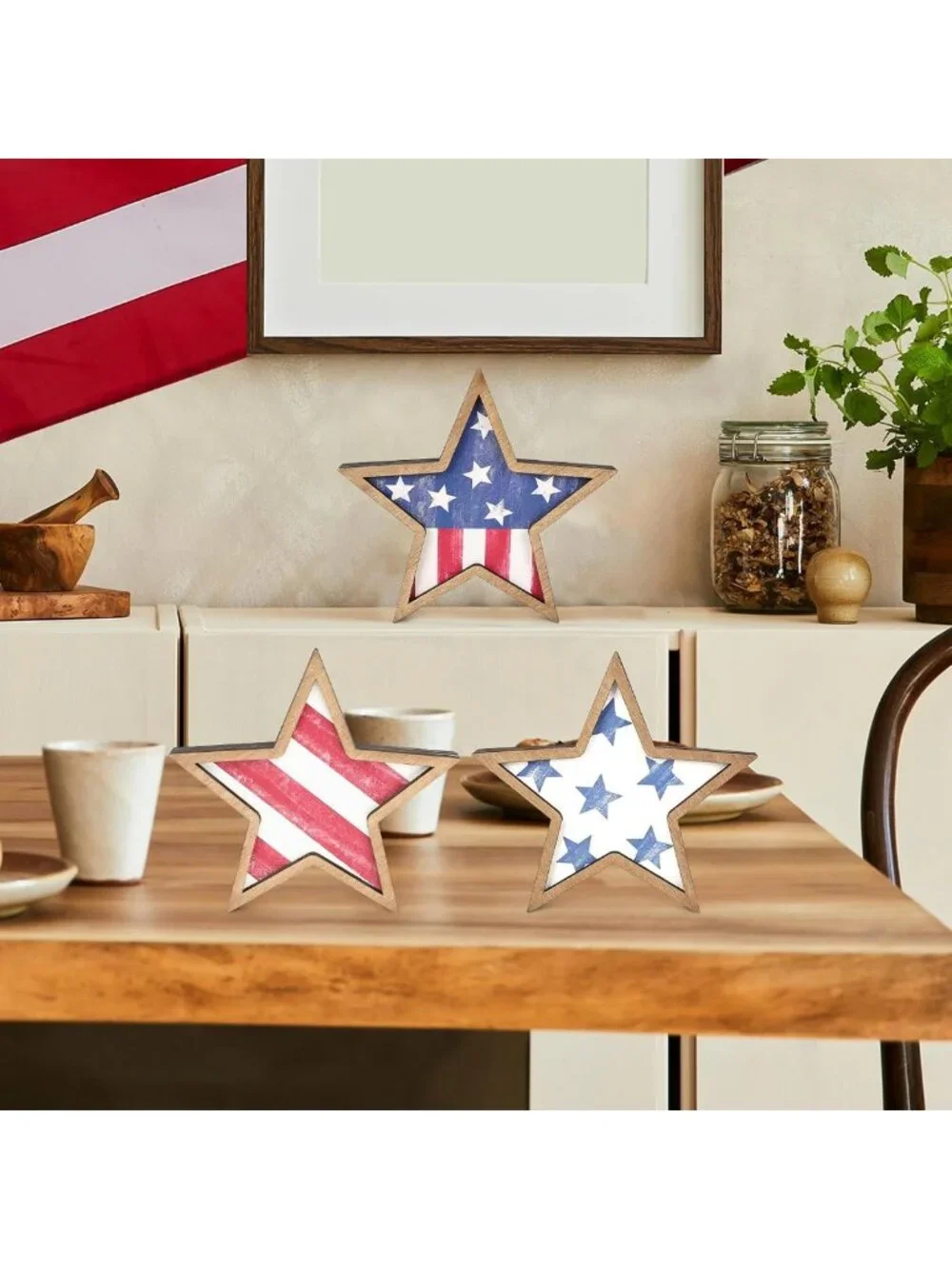 Patriotic Wooden Star Decor Set of 3 - 4th of July & Memorial Day Tiered Tray